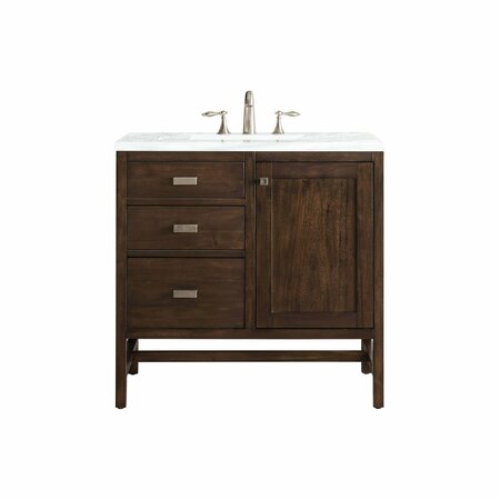 JAMES MARTIN VANITIES Addison 36in Single Vanity, Mid-Century Acacia w/ 3 CM Arctic Fall Solid Surface Top E444-V36-MCA-3AF